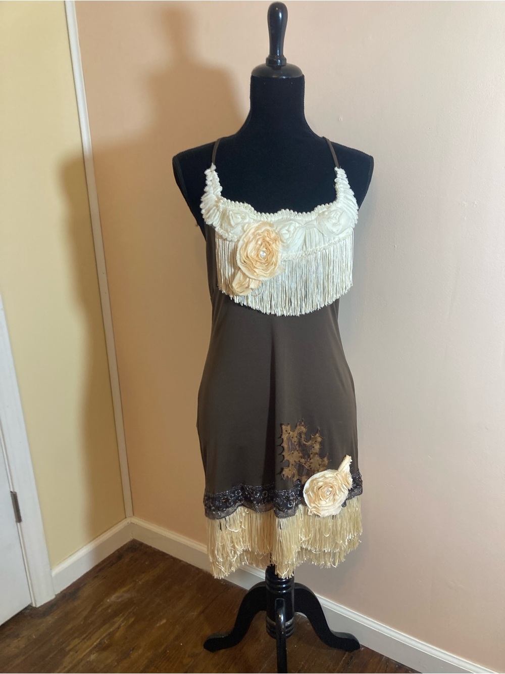 Fringed Slip Dress with Rosette Details in Brown and Cream